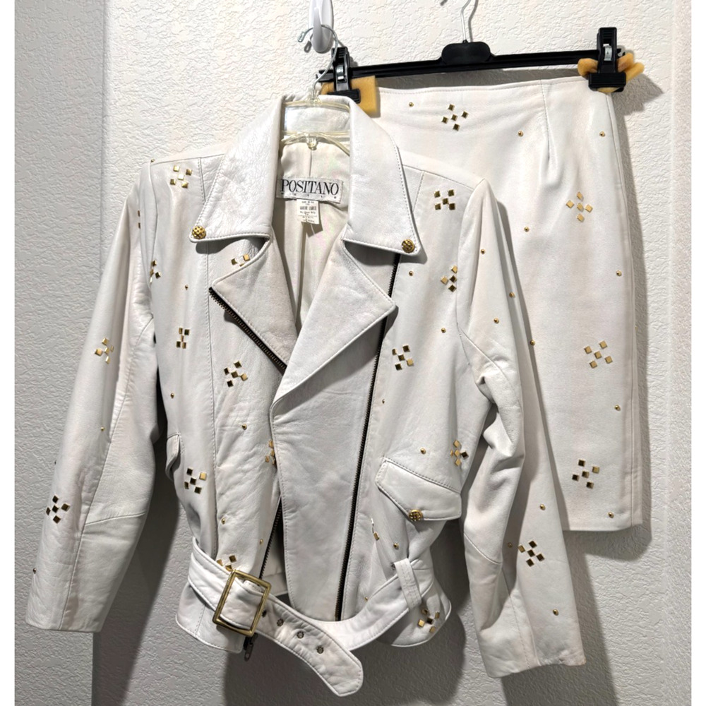 Y2K Vtg Positano White Leather Moto Jacket Skirt Set Sz 4 Gold Studs 2 Pc Rocker